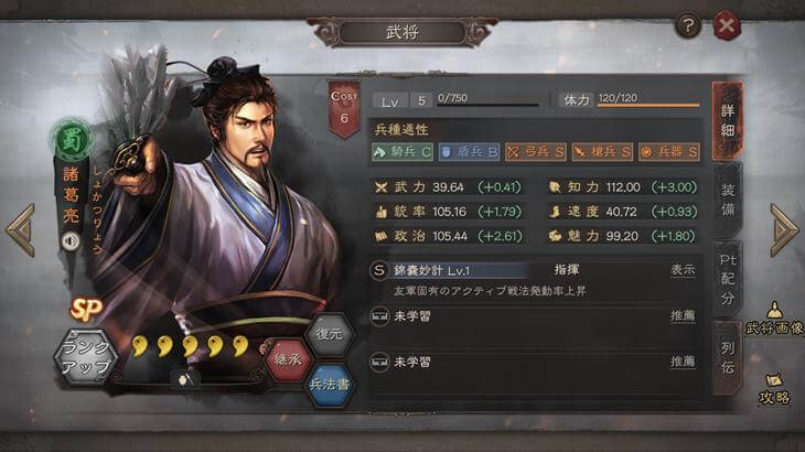 三國志真戦の武将キャラクター詳細ステータス画像